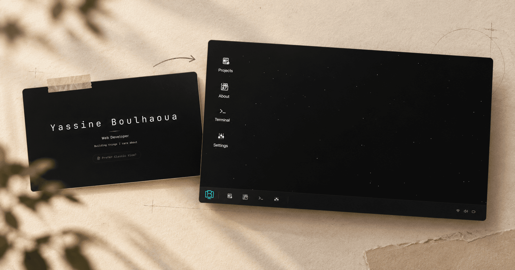 Two screenshots of Boussen OS on a warm paper background, showing Yassine Boulhaoua’s introduction screen beside his desktop-style portfolio with Projects, About, Terminal, and Settings.