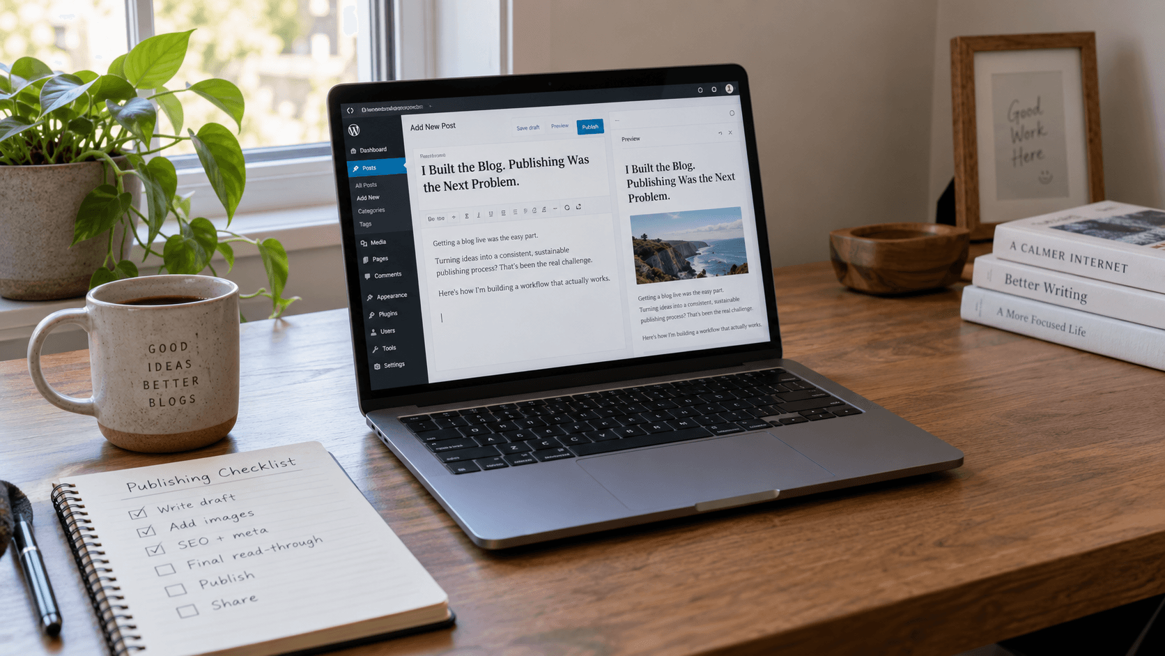 A laptop showing a blog editor and live preview, representing a simpler publishing workflow for Bousslog.