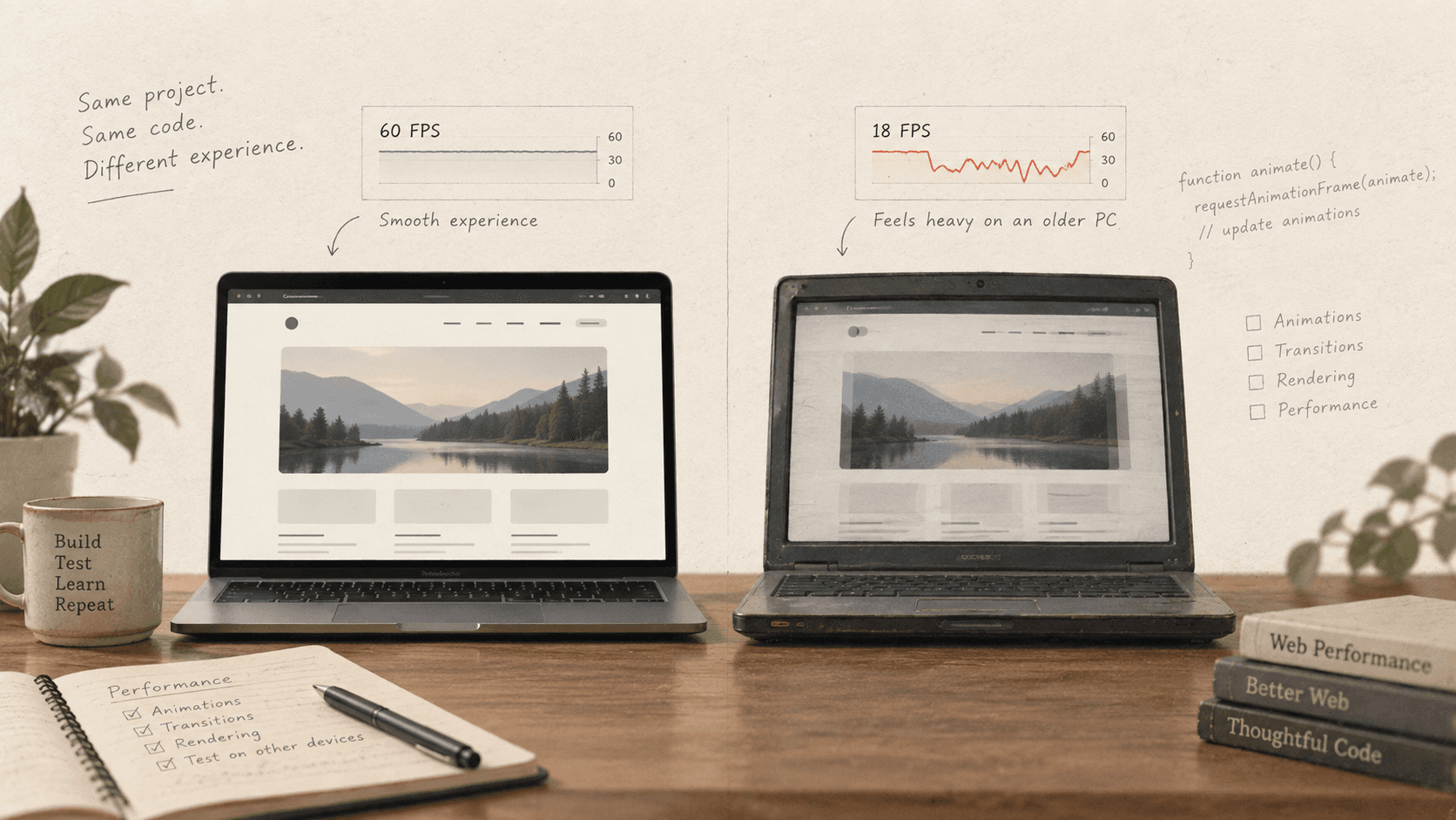 The same website running smoothly on one laptop and lagging on an older PC.